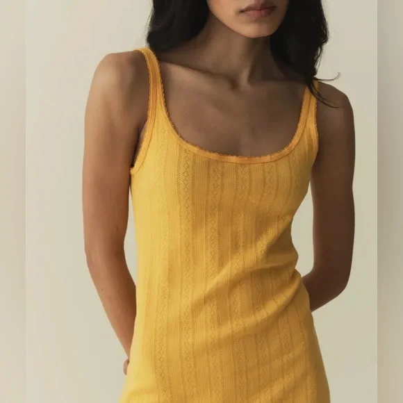 Doen Cynthia Cotton Tank Mini Dress Jonquille Apolline Pointelle Yellow Gold - Picture 3 of 13